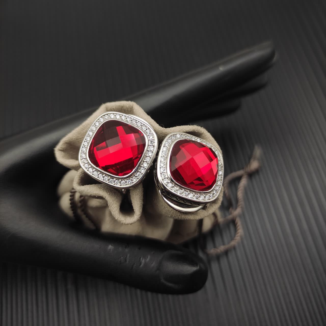 David Yurman Sterling Silver Albion Earrings with Red Diamonds